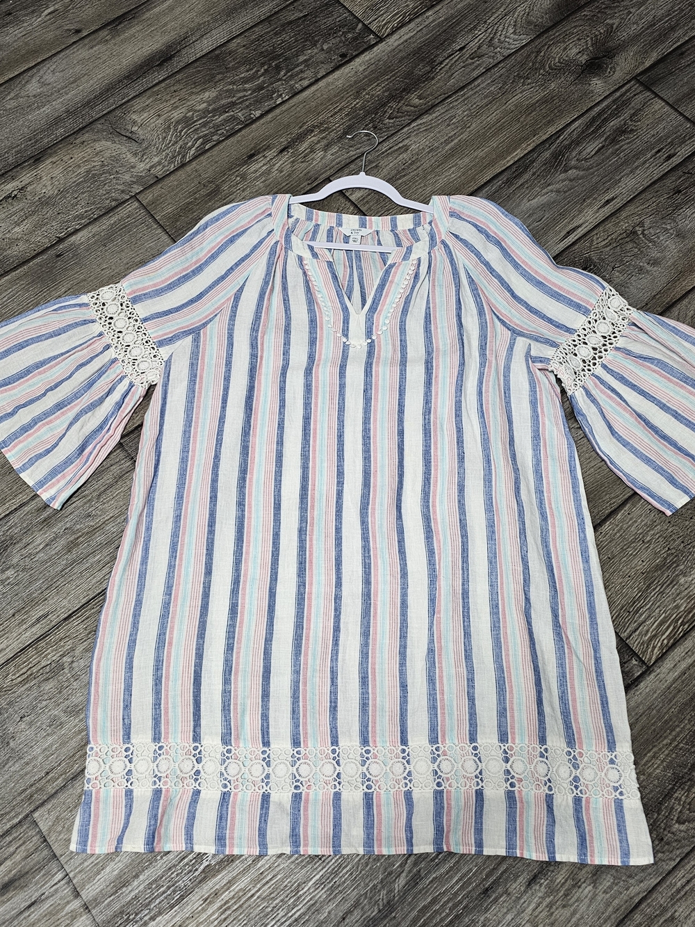 100% Linen Lightweight Striped Lace Tunic Dress Preppy Beach Size Petite XL